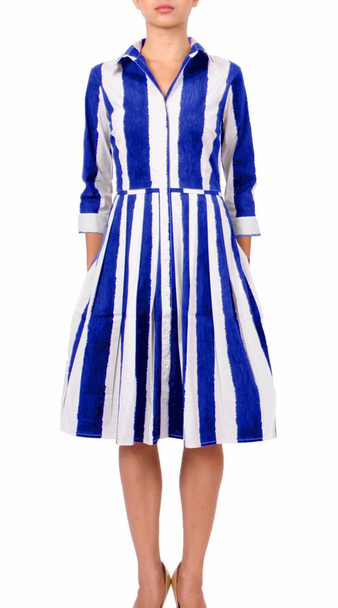 3/4 Sleeve | Dali Stripe | White Cobalt Blue | Front | Dress By Samantha Sung