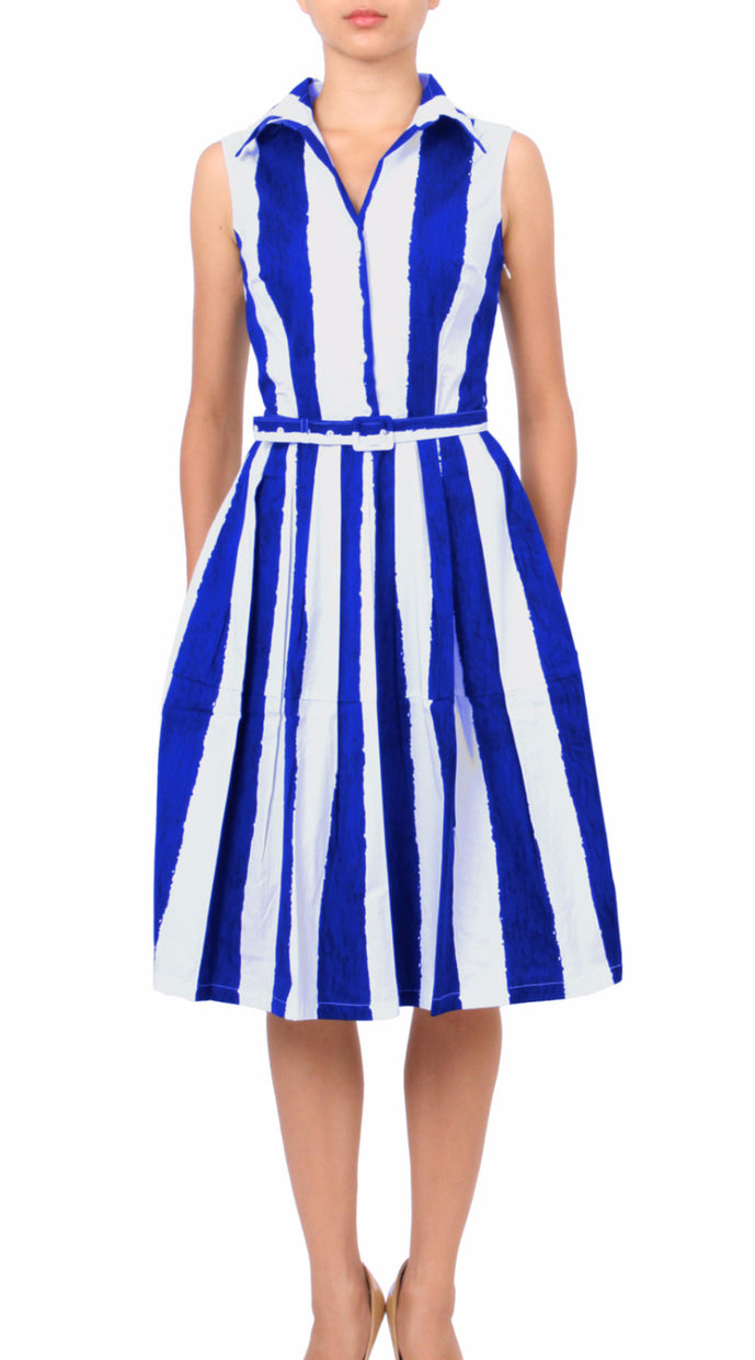 Sleeveless | Dali Stripe | White Cobalt Blue | Front | Shirt Dress By Samantha Sung