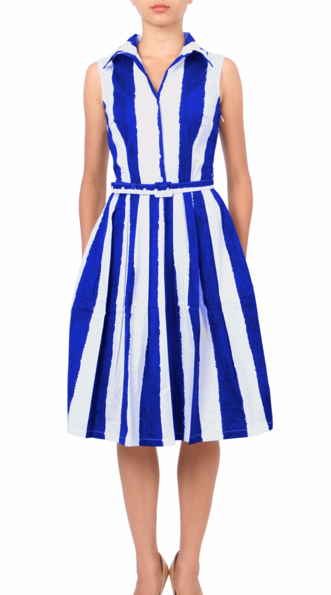 Sleeveless | Dali Stripe | White Cobalt Blue | Front | Shirt Dress By Samantha Sung
