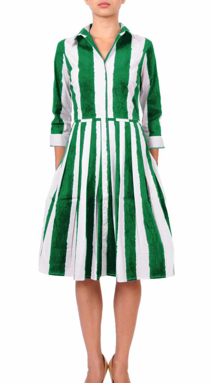 3/4 Sleeve | Dali Stripe | White Pine Green | Front | Dress By Samantha Sung