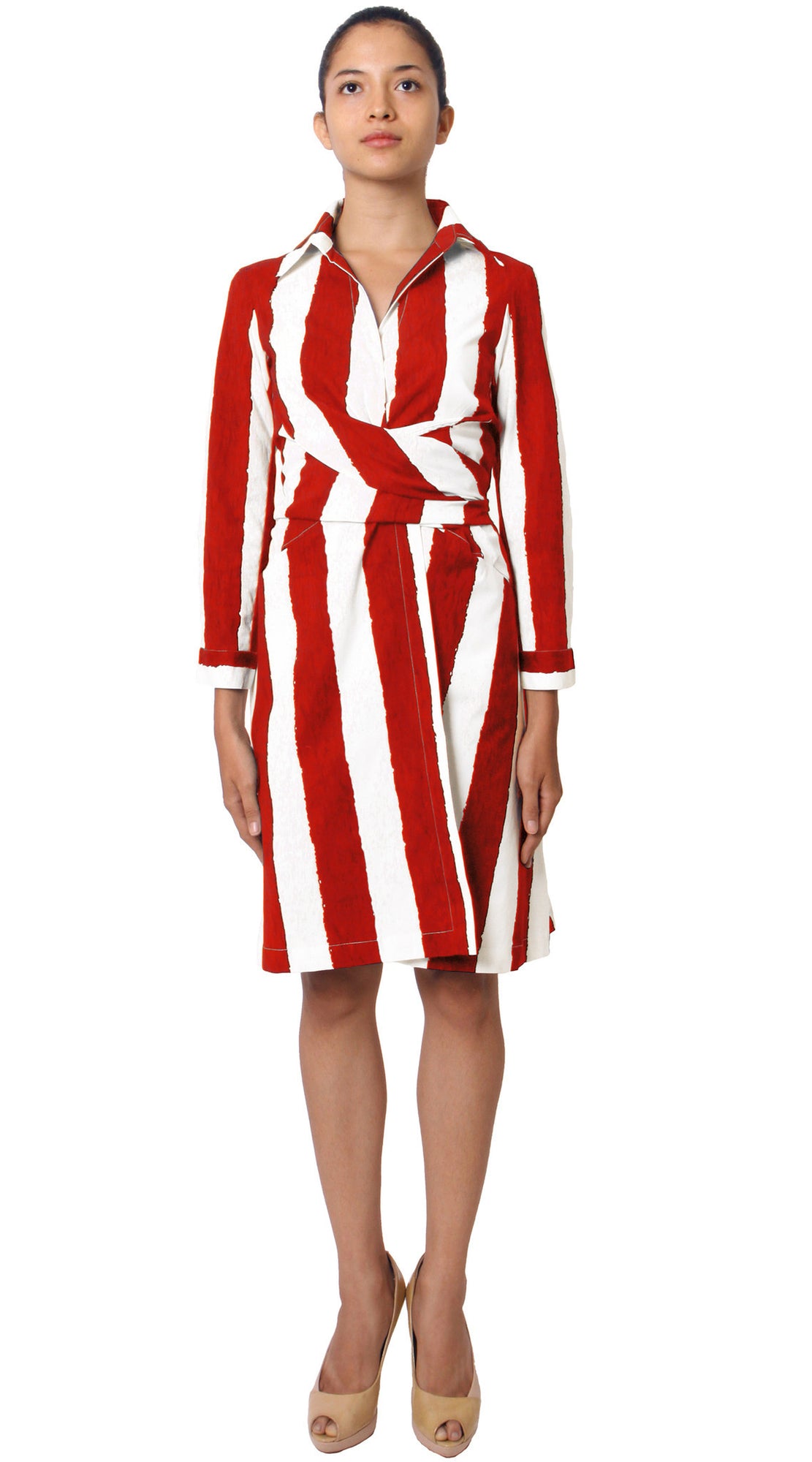 Long Sleeve | Dali Stripe | White Indian Red | Front | Shirt Dress By Samantha Sung