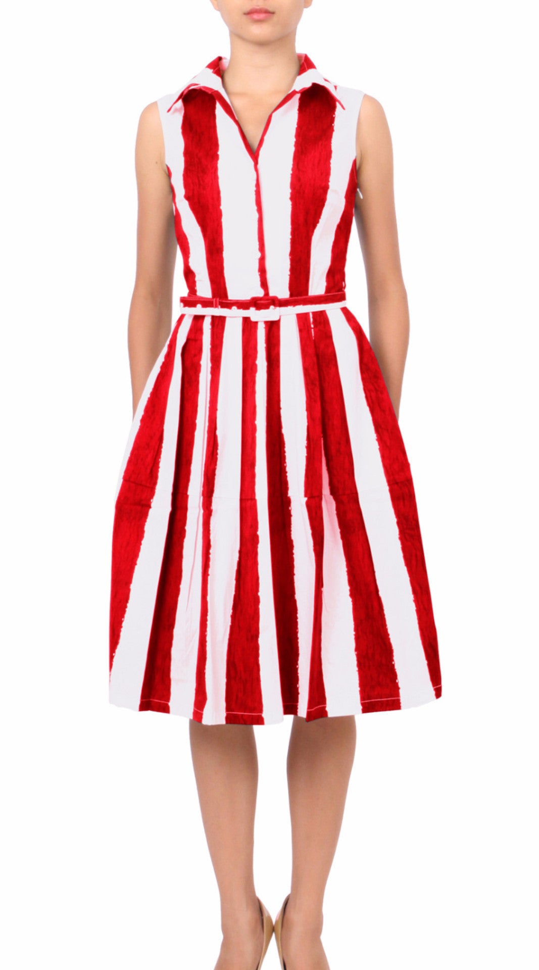 Sleeveless | Dali Stripe | White Indian Red | Front | Shirt Dress By Samantha Sung