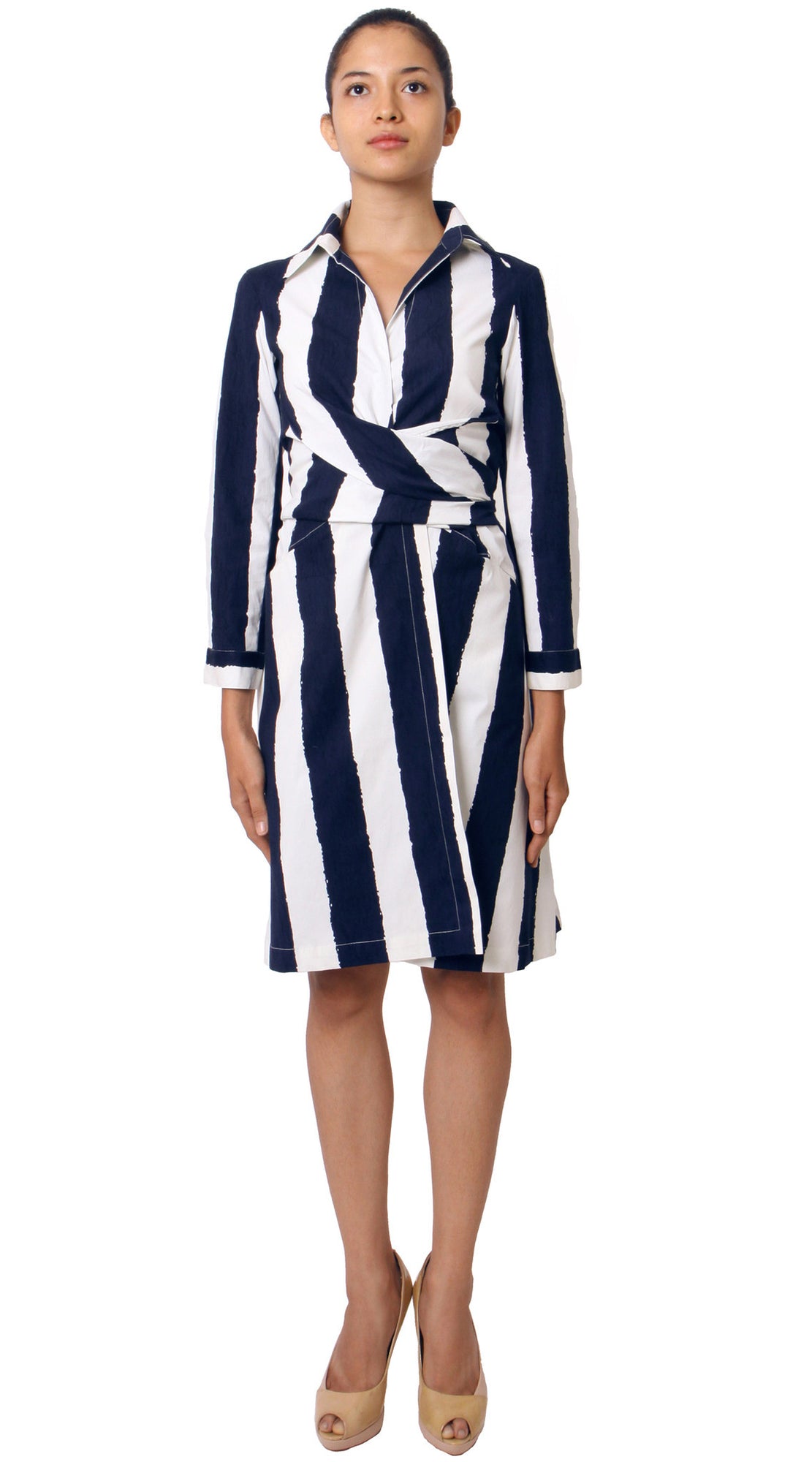 Long Sleeve | Dali Stripe | White Indigo | Front | Shirt Dress By Samantha Sung