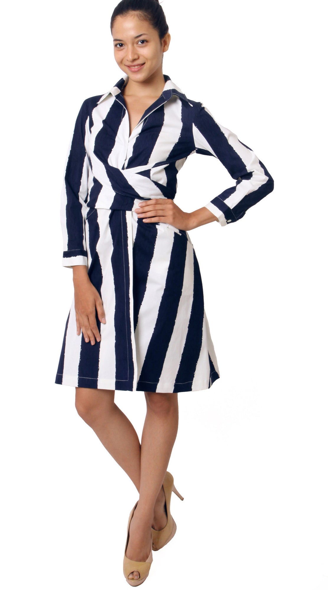Anna Dress Shirt Collar Long Sleeve Cotton (Dali Stripe)