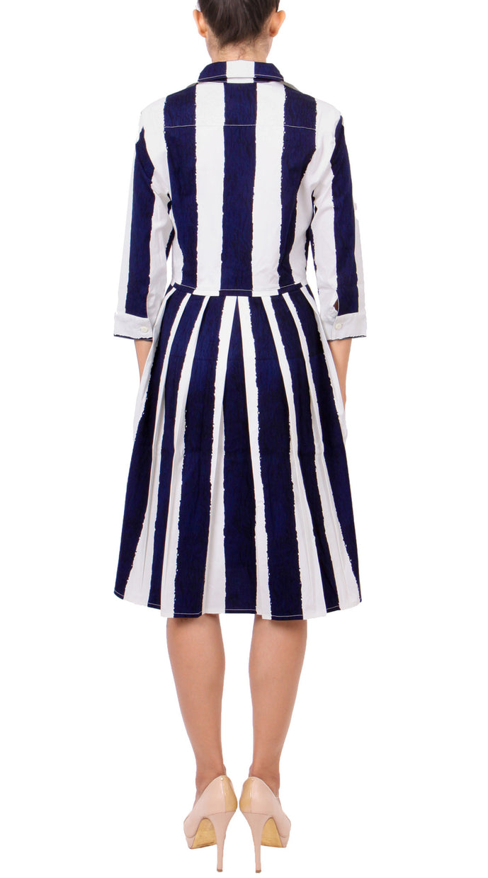 3/4 Sleeve | Dali Stripe | White Indigo | Back | Dress By Samantha Sung