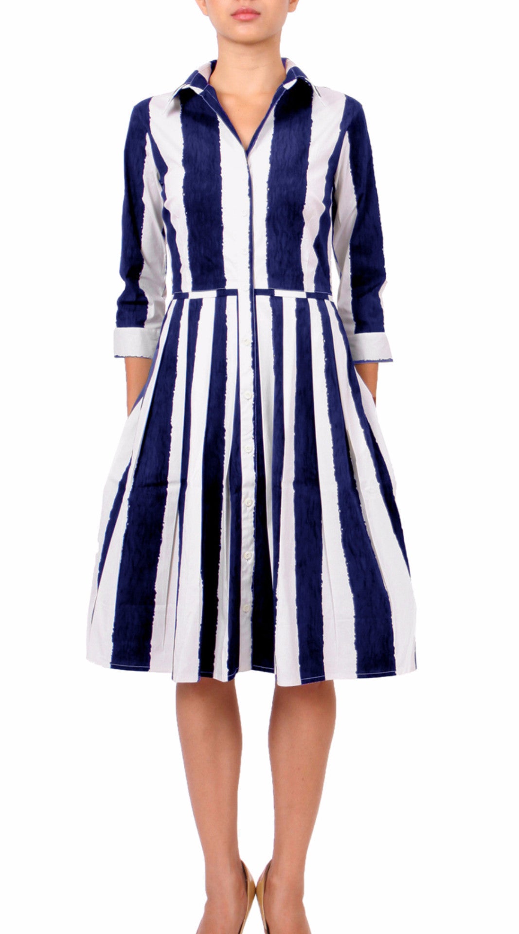 3/4 Sleeve | Dali Stripe | White Indigo | Front | Dress By Samantha Sung