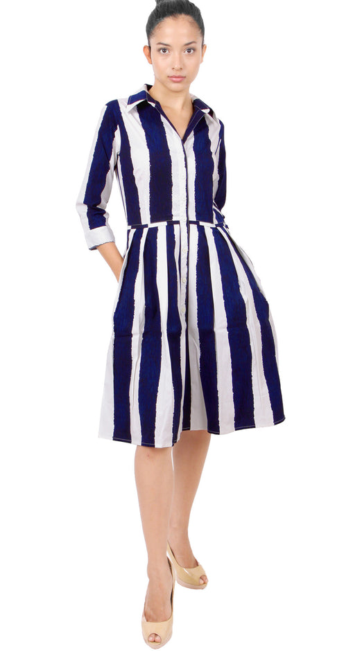 3/4 Sleeve | Dali Stripe | White Indigo | Front-1 | Dress By Samantha Sung