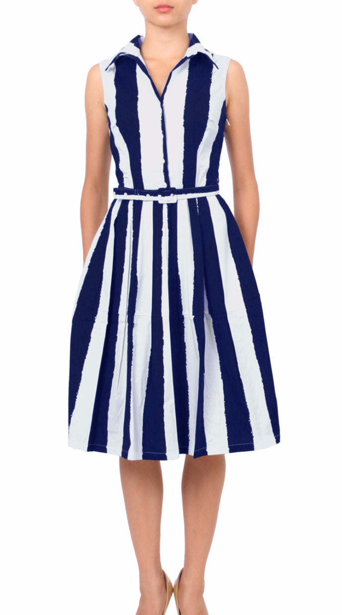 Sleeveless | Dali Stripe | White Indigo | Front | Shirt Dress By Samantha Sung