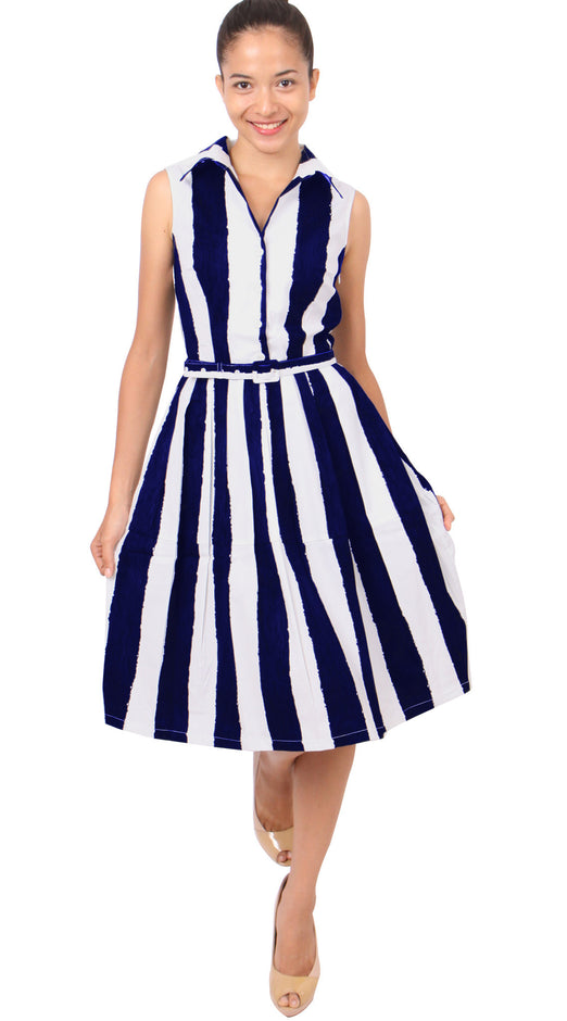 Sleeveless | Dali Stripe | White Indigo | Front-1 | Shirt Dress By Samantha Sung