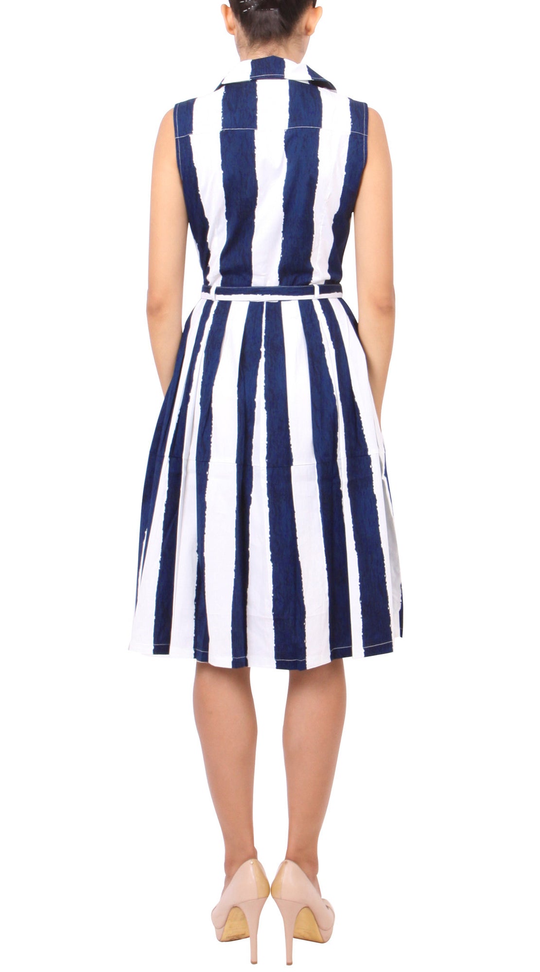 Sleeveless | Dali Stripe | White Indigo | Back | Shirt Dress By Samantha Sung