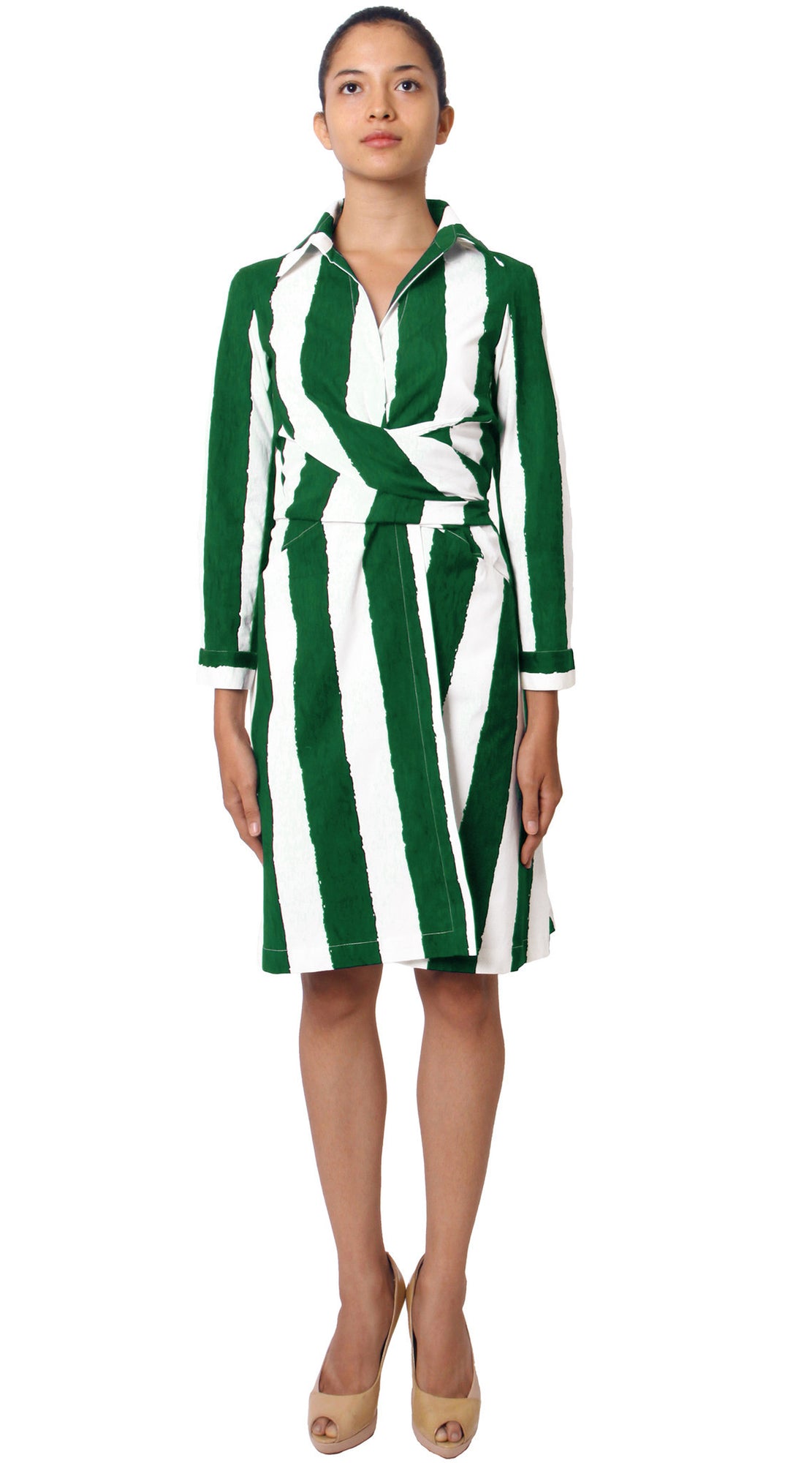 Long Sleeve | Dali Stripe | White Pine Green | Front | Shirt Dress By Samantha Sung