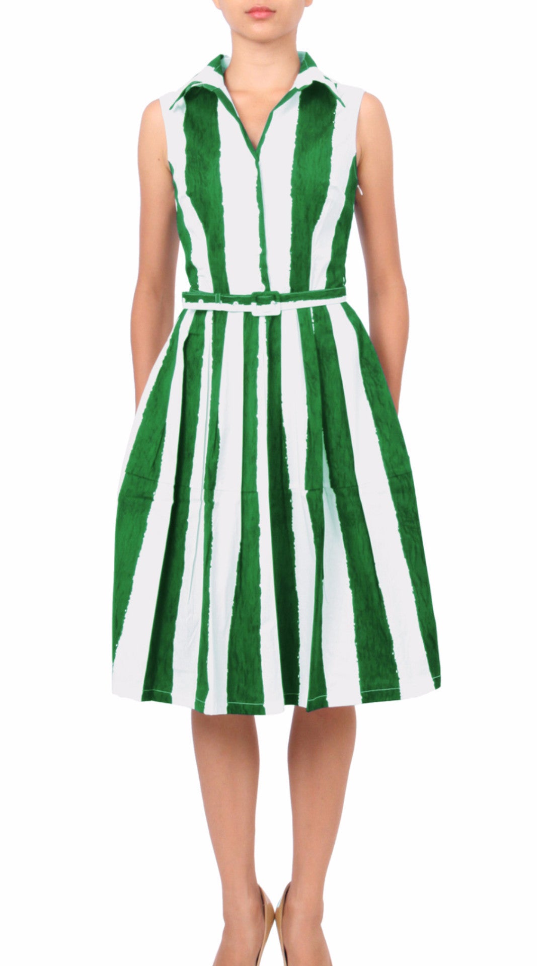 Sleeveless | Dali Stripe | White Pine Green | Front | Shirt Dress By Samantha Sung