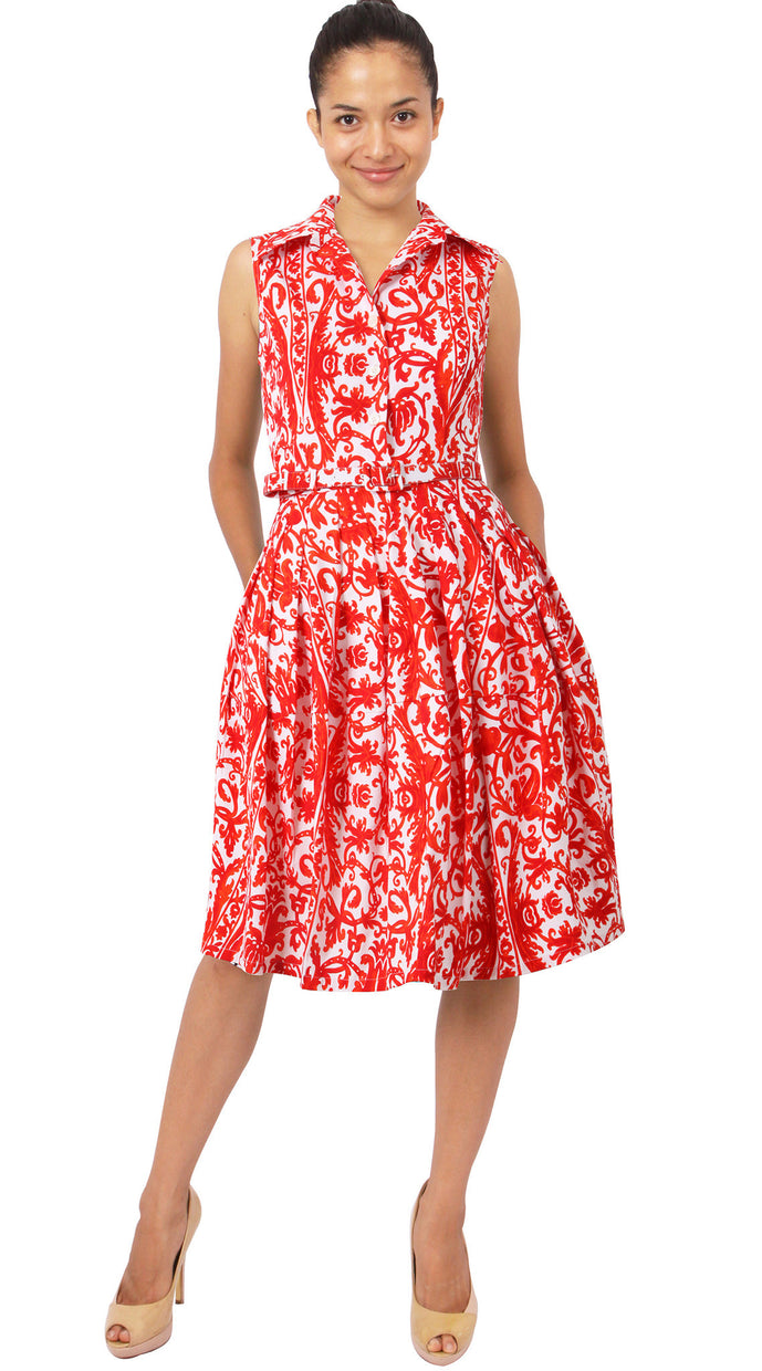 Sleeveless | Dauphine | White Scarlet Red | Front | Shirt Dress By Samantha Sung