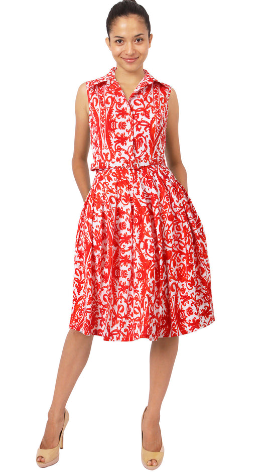 Sleeveless | Dauphine | White Scarlet Red | Front | Shirt Dress By Samantha Sung