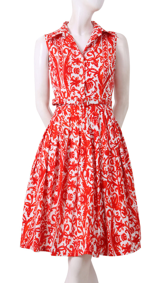 Sleeveless | Dauphine | White Scarlet Red | Front | Shirt Dress By Samantha Sung