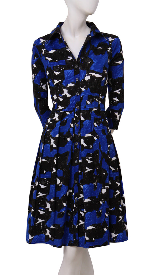 3/4 Sleeve | Degas | Black Cobalt Blue | Front | Shirt Dress By Samantha Sung