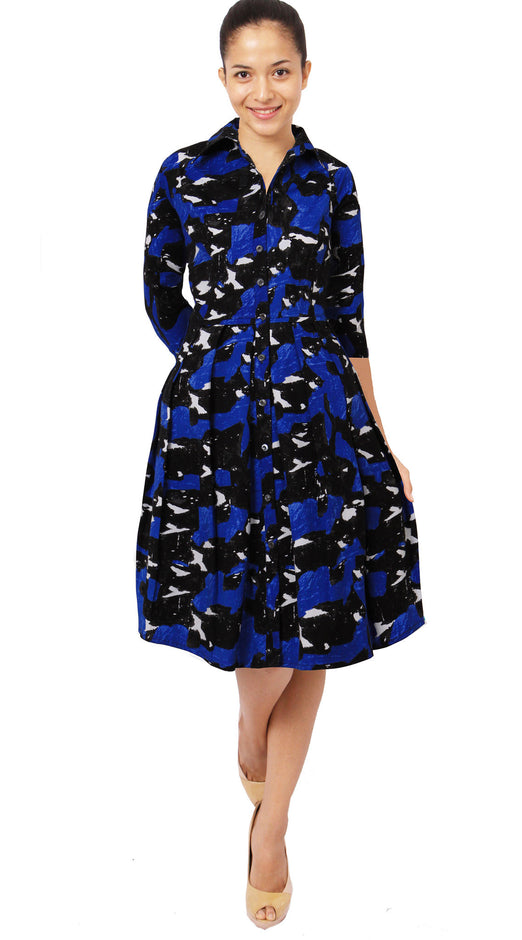 3/4 Sleeve | Degas | Black Cobalt Blue | Front | Shirt Dress By Samantha Sung