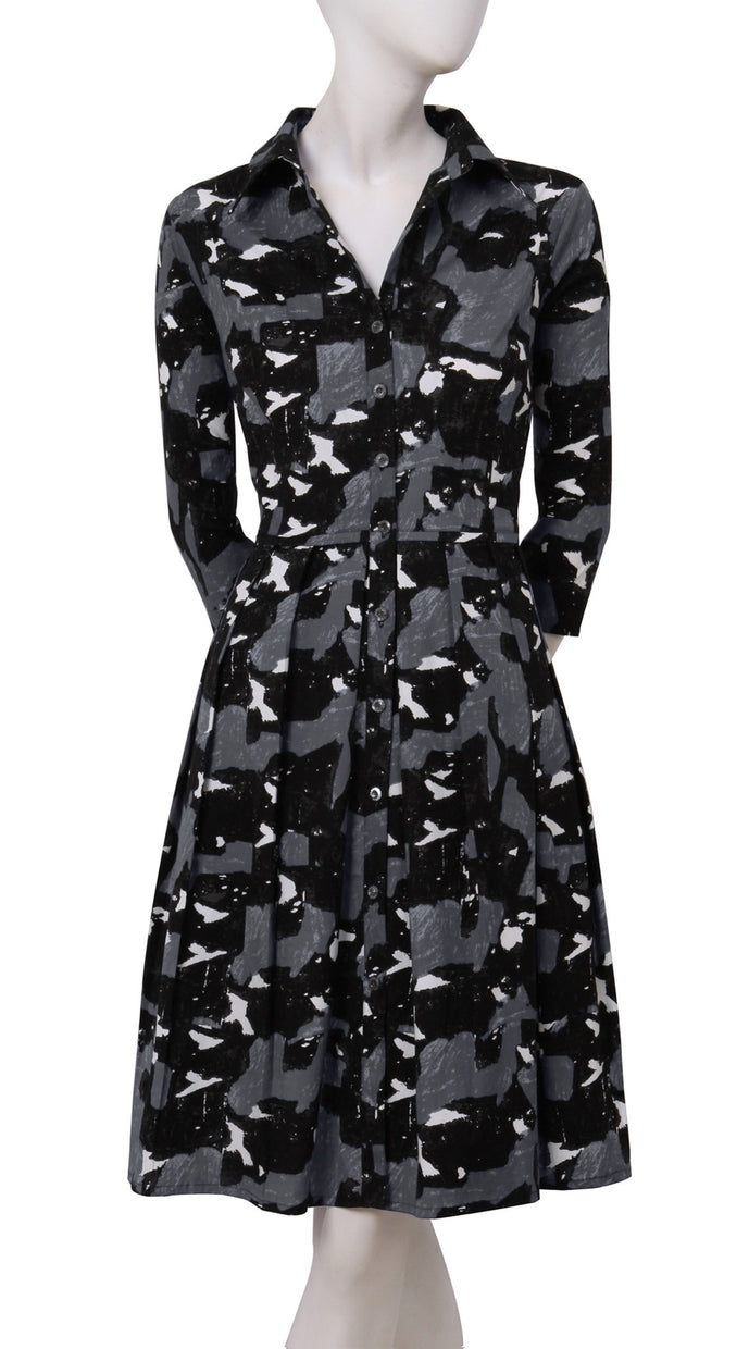 3/4 Sleeve | Degas | Black Grey | Front | Shirt Dress By Samantha Sung