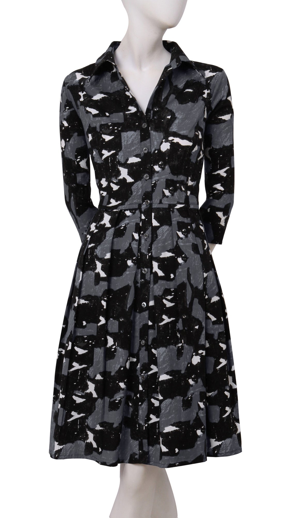 3/4 Sleeve | Degas | Black Grey | Front | Shirt Dress By Samantha Sung