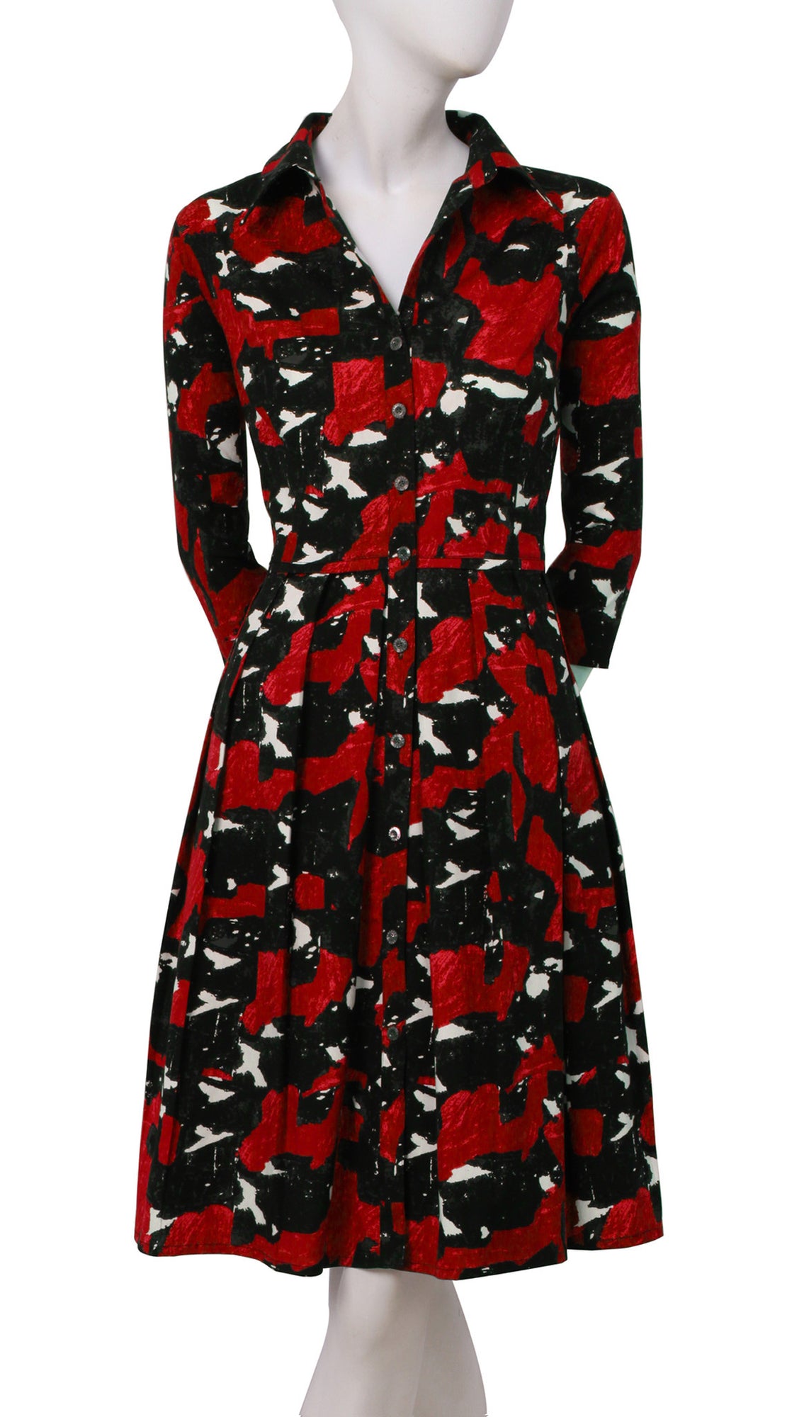 3/4 Sleeve | Degas | Black Blood Red | Front | Shirt Dress By Samantha Sung
