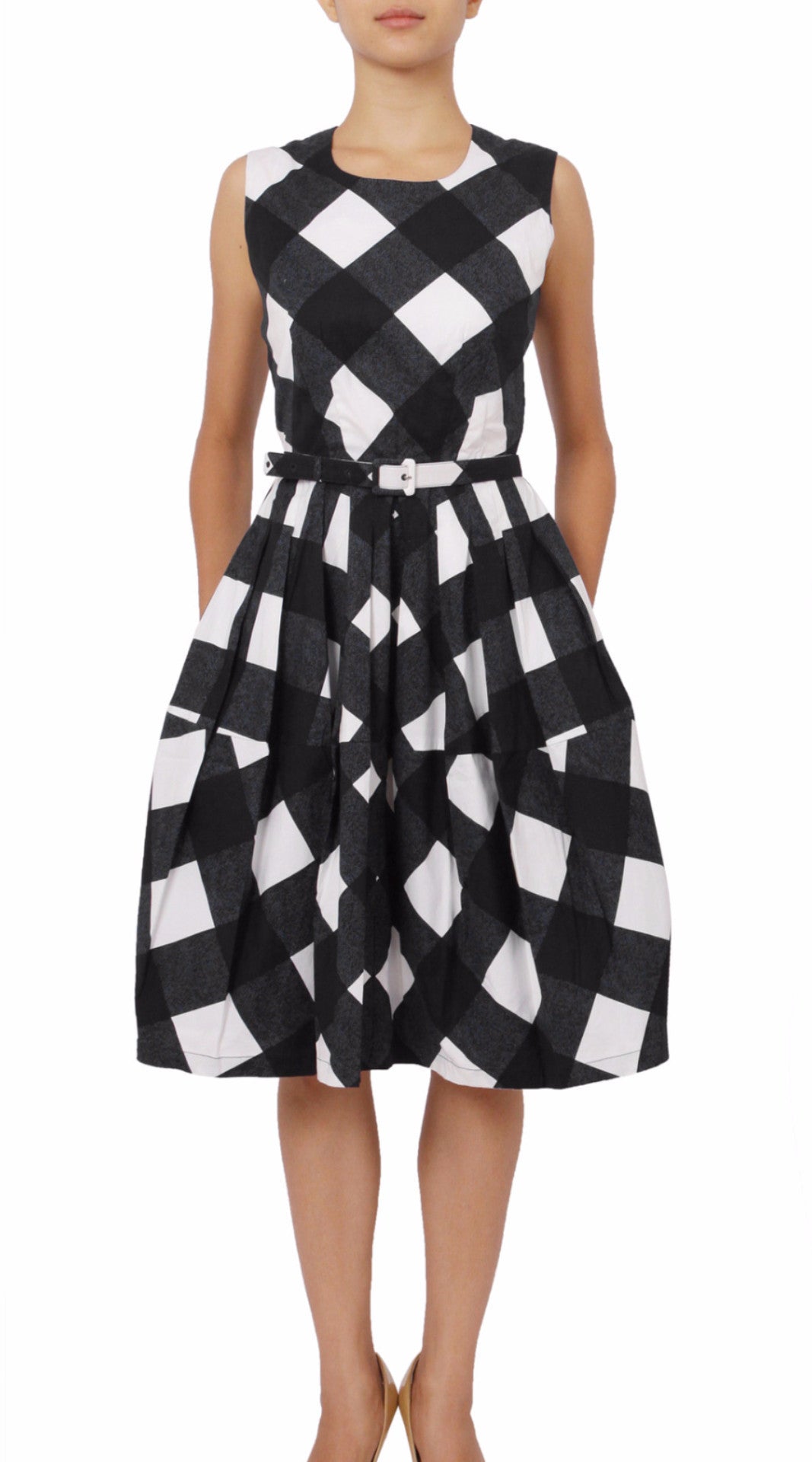 Sleeveless | Stell Check | White Indigo | Front | Dress By Samantha Sung