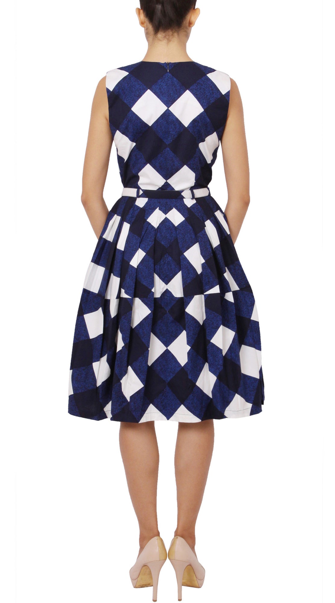 Sleeveless | Stell Check | White Indigo | Back | Dress By Samantha Sung