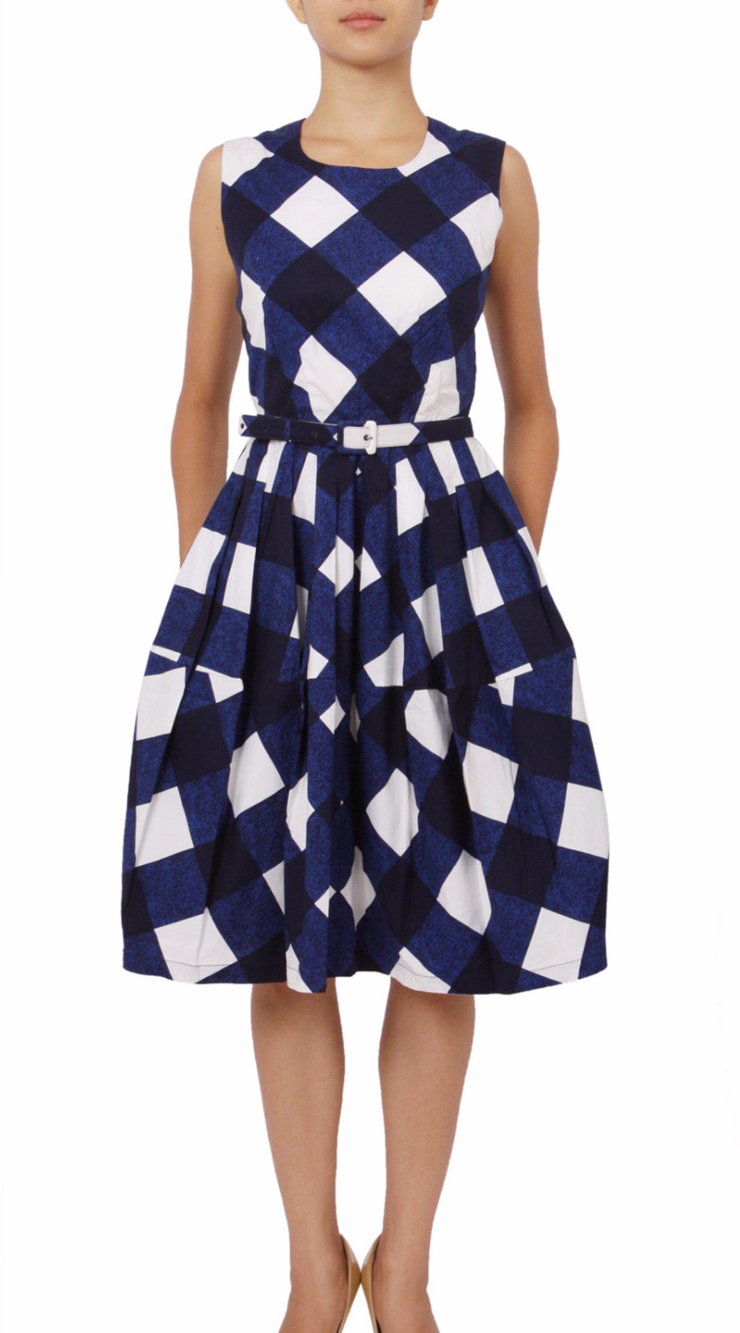 Sleeveless | Stell Check | White Indigo | Front | Dress By Samantha Sung