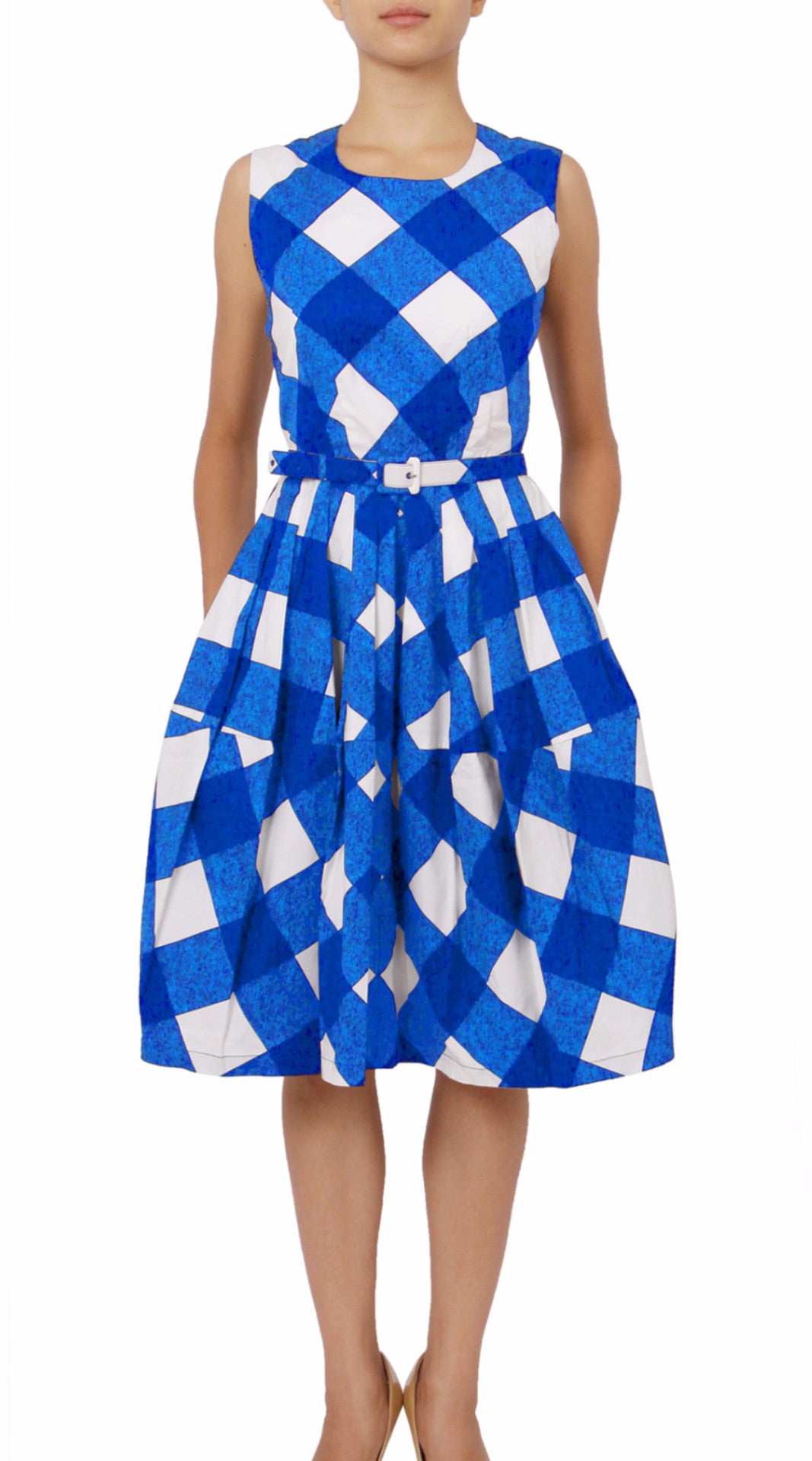 Sleeveless | Stell Check | White Sea Blue | Front | Dress By Samantha Sung