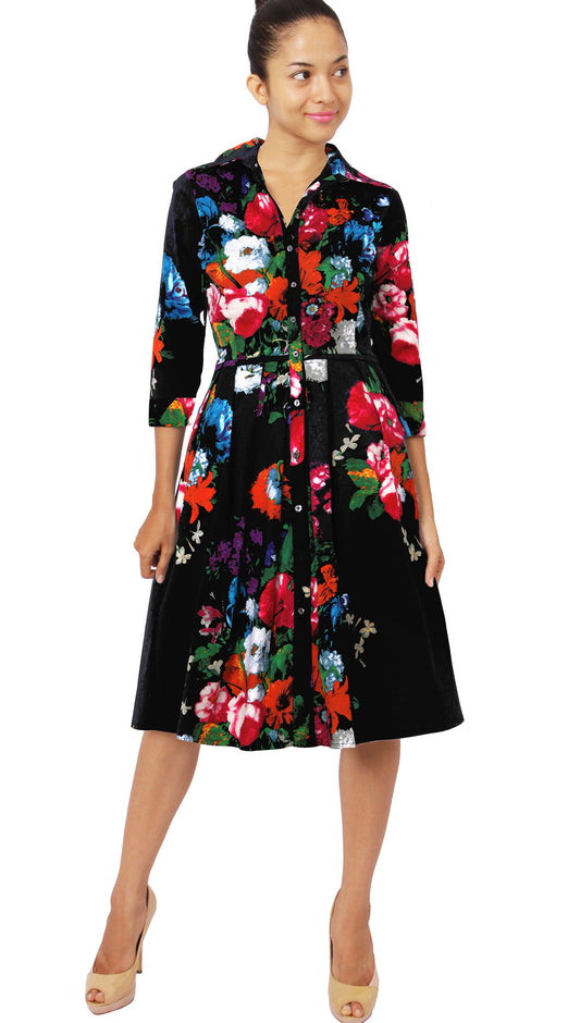 3/4 Sleeve | Dutch Master | Black Rose | Front | Shirt Dress By Samantha Sung