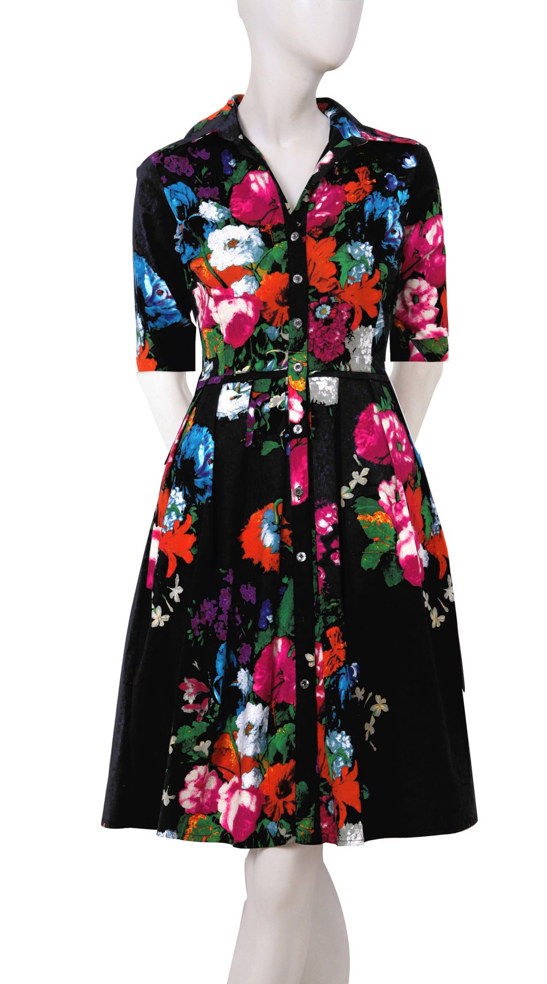 1/2 Sleeve | Dutch Master | Midnight Blue Rose | Front | Shirt Dress By Samantha Sung