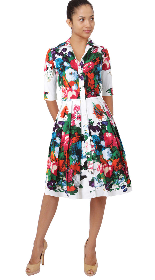 1/2 Sleeve | Dutch Master | White Rose | Front | Shirt Dress By Samantha Sung