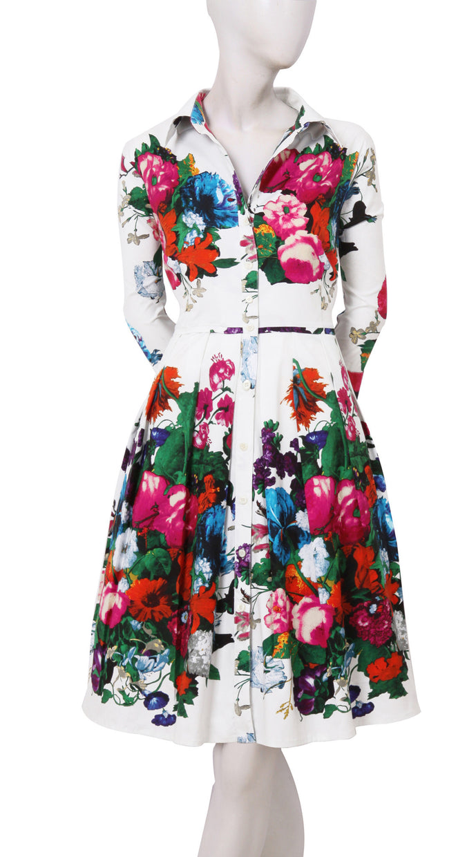 3/4 Sleeve | Dutch Master | White Rose | Front | Shirt Dress By Samantha Sung