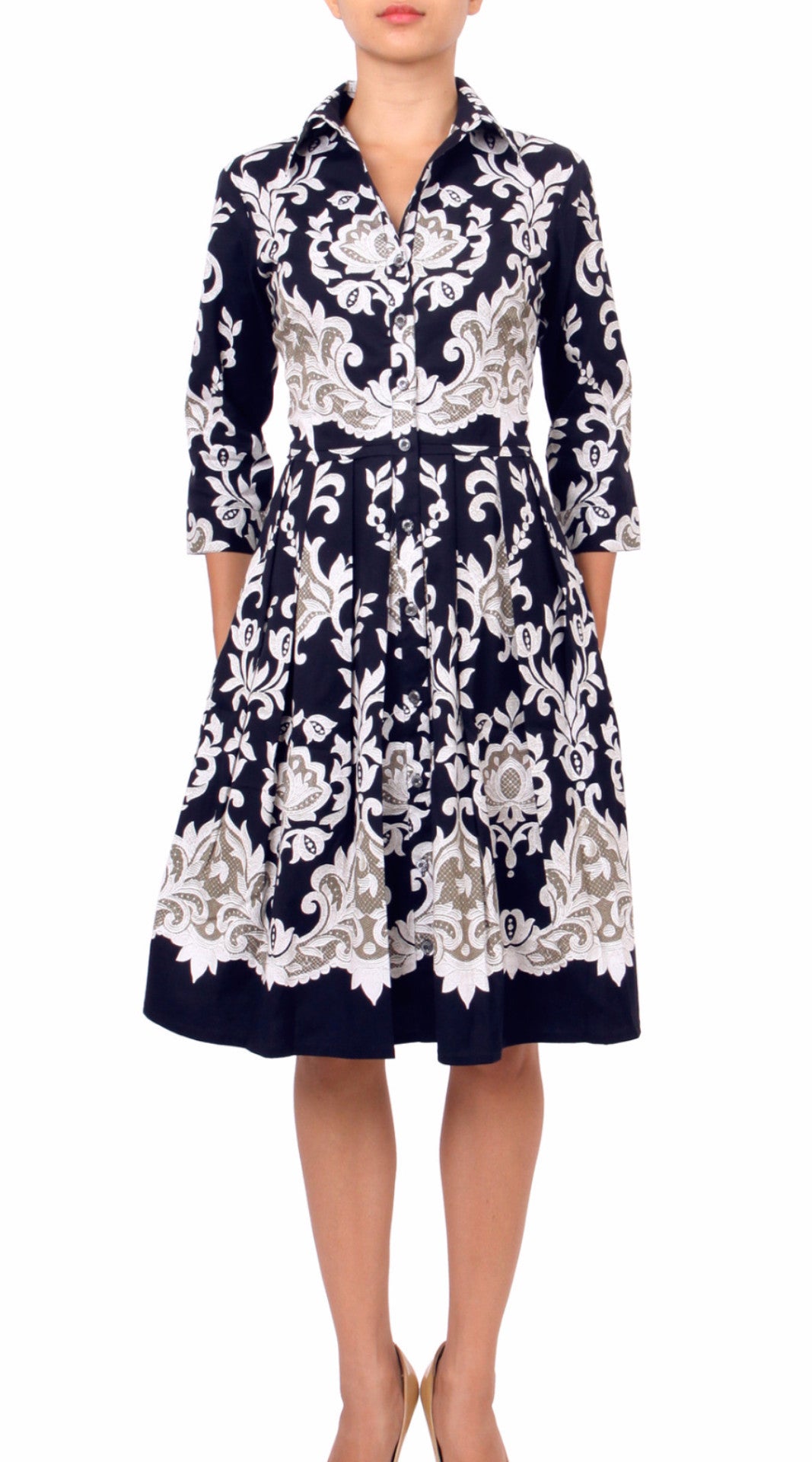 3/4 Sleeve | English Macrame | Indigo Ivory | Front | Shirt Dress By Samantha Sung