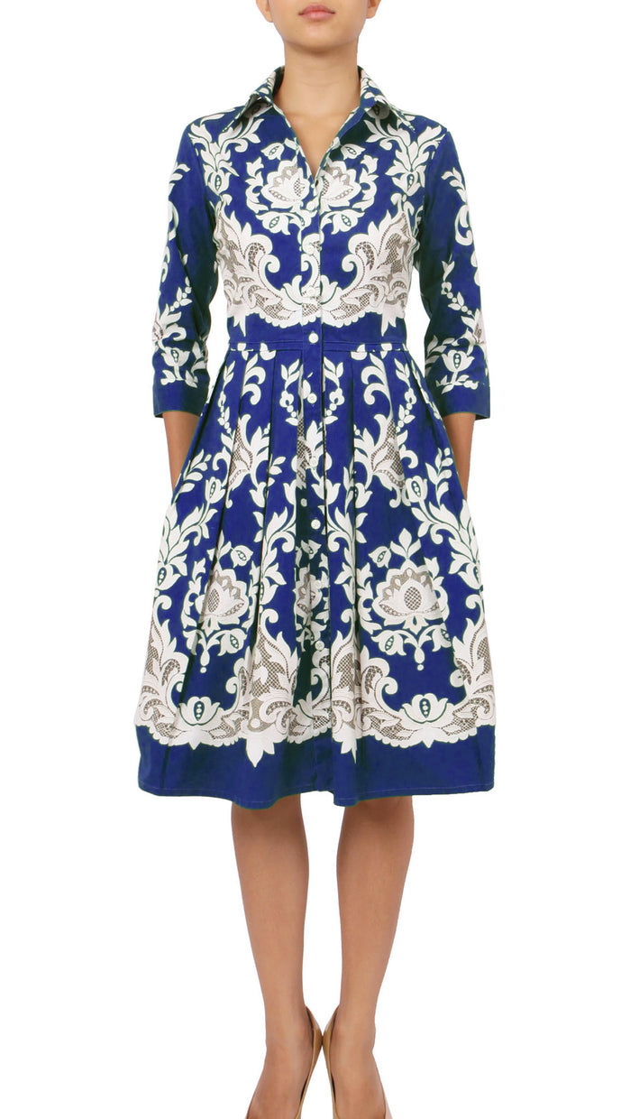 3/4 Sleeve | English Macrame | Cobalt Blue Ivory | Front | Shirt Dress By Samantha Sung