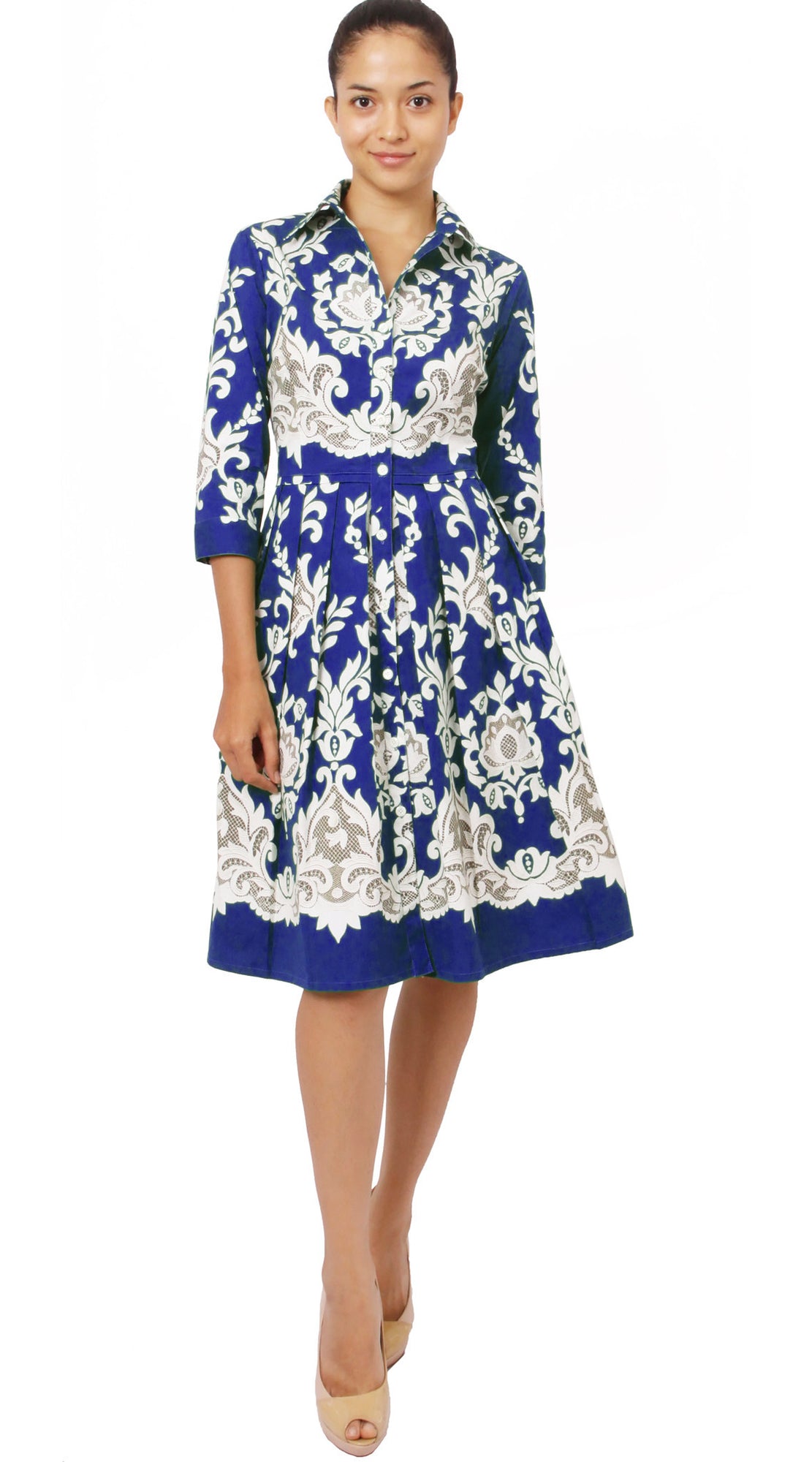 3/4 Sleeve | English Macrame | Cobalt Blue Ivory | Front | Shirt Dress By Samantha Sung
