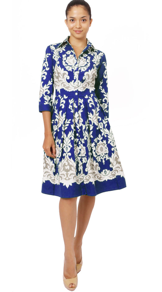 3/4 Sleeve | English Macrame | Cobalt Blue Ivory | Front | Shirt Dress By Samantha Sung