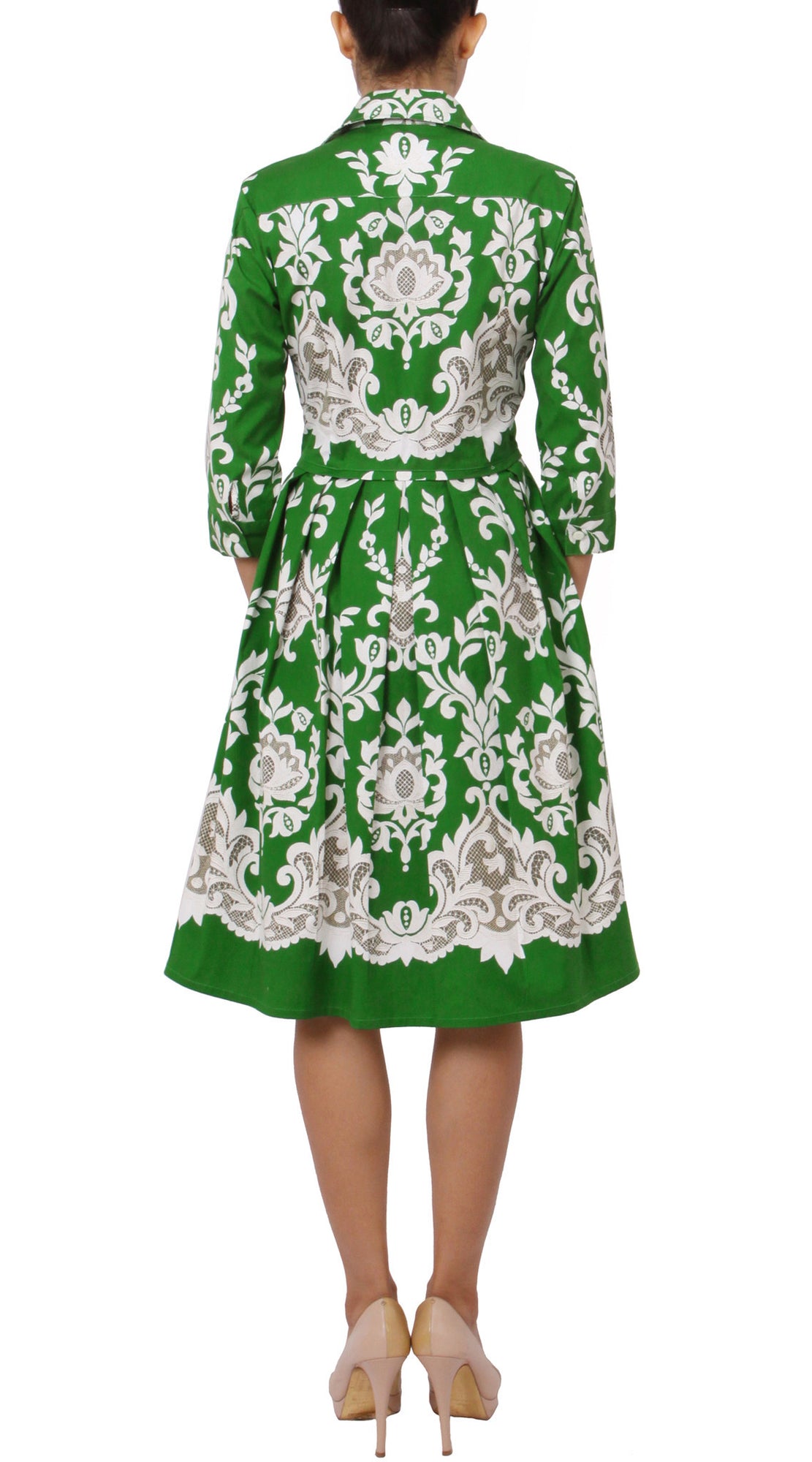 3/4 Sleeve | English Macrame | Grass Green Ivory | Back | Shirt Dress By Samantha Sung