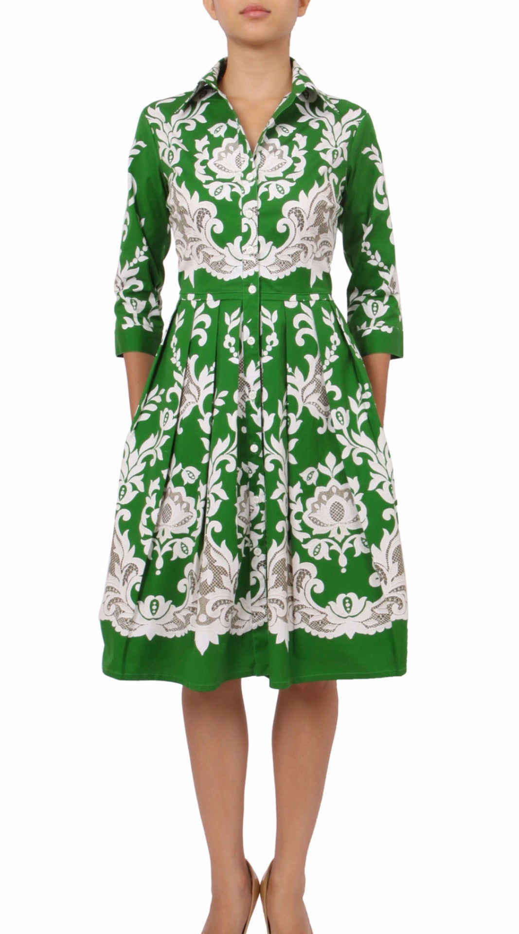 3/4 Sleeve | English Macrame | Grass Green Ivory | Front | Shirt Dress By Samantha Sung