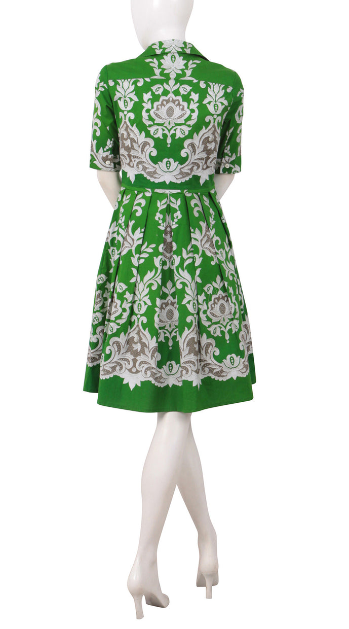 1/2 Sleeve | English Macrame | Grass Green Ivory | Back | Shirt Dress By Samantha Sung