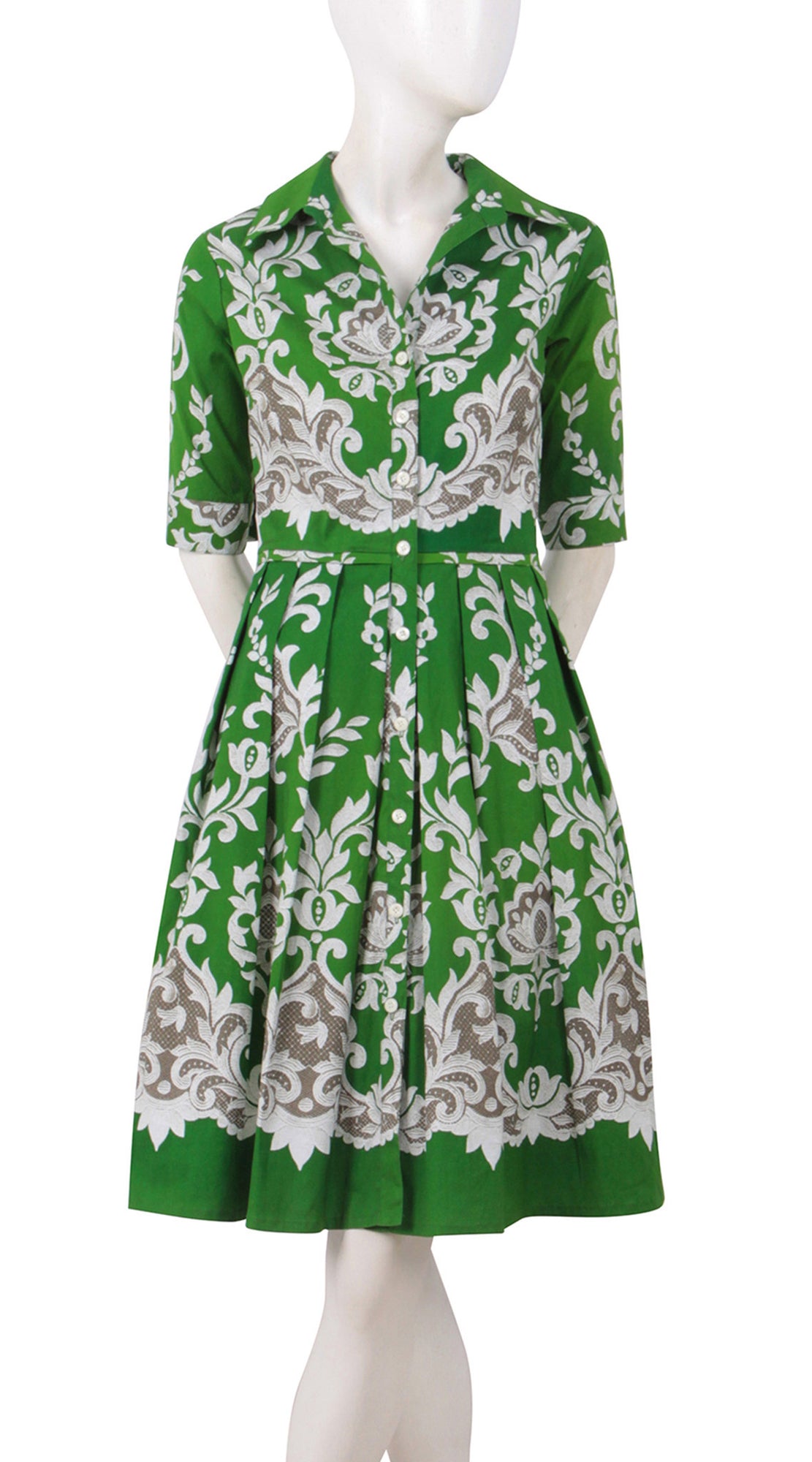1/2 Sleeve | English Macrame | Grass Green Ivory | Front | Shirt Dress By Samantha Sung