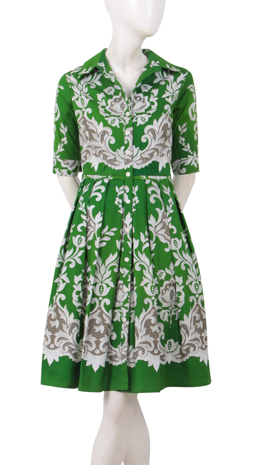 1/2 Sleeve | English Macrame | Grass Green Ivory | Front | Shirt Dress By Samantha Sung