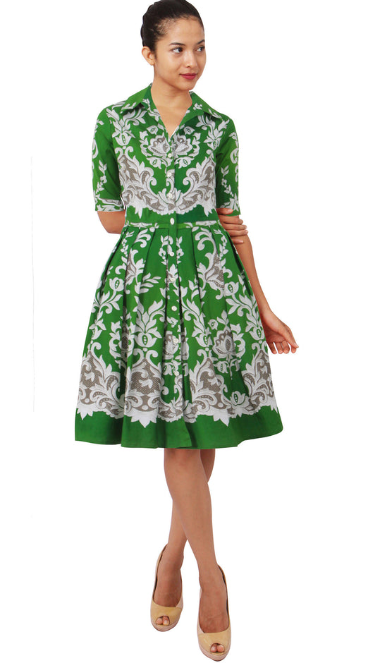 1/2 Sleeve | English Macrame | Grass Green Ivory | Front | Shirt Dress By Samantha Sung