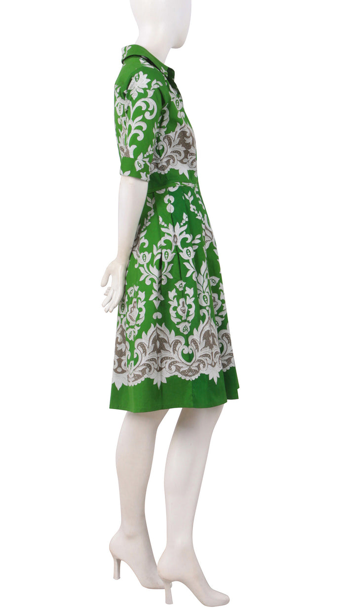 1/2 Sleeve | English Macrame | Grass Green Ivory | Left | Shirt Dress By Samantha Sung
