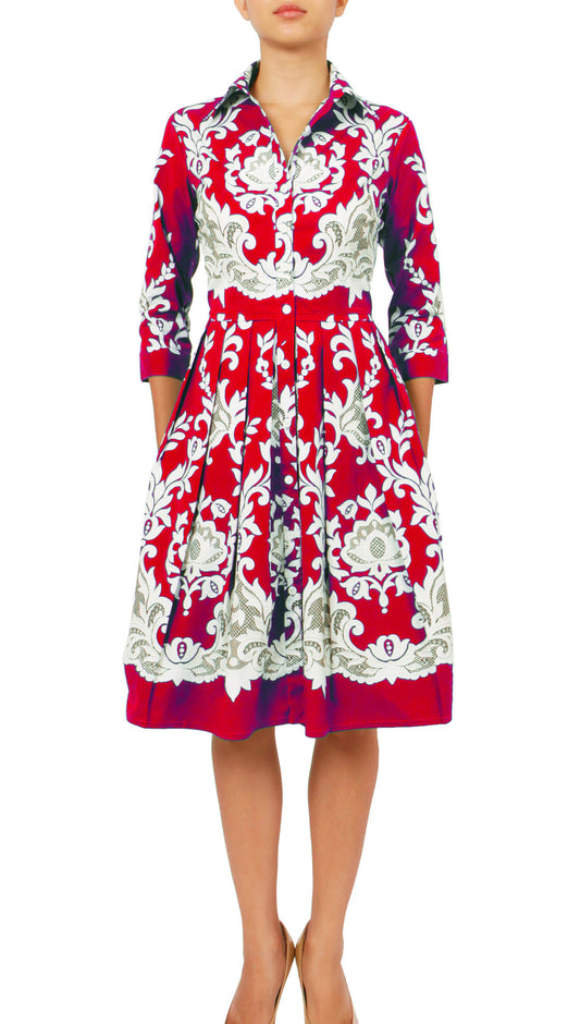 3/4 Sleeve | English Macrame | Cobalt Blue Ivory | Front | Shirt Dress By Samantha Sung