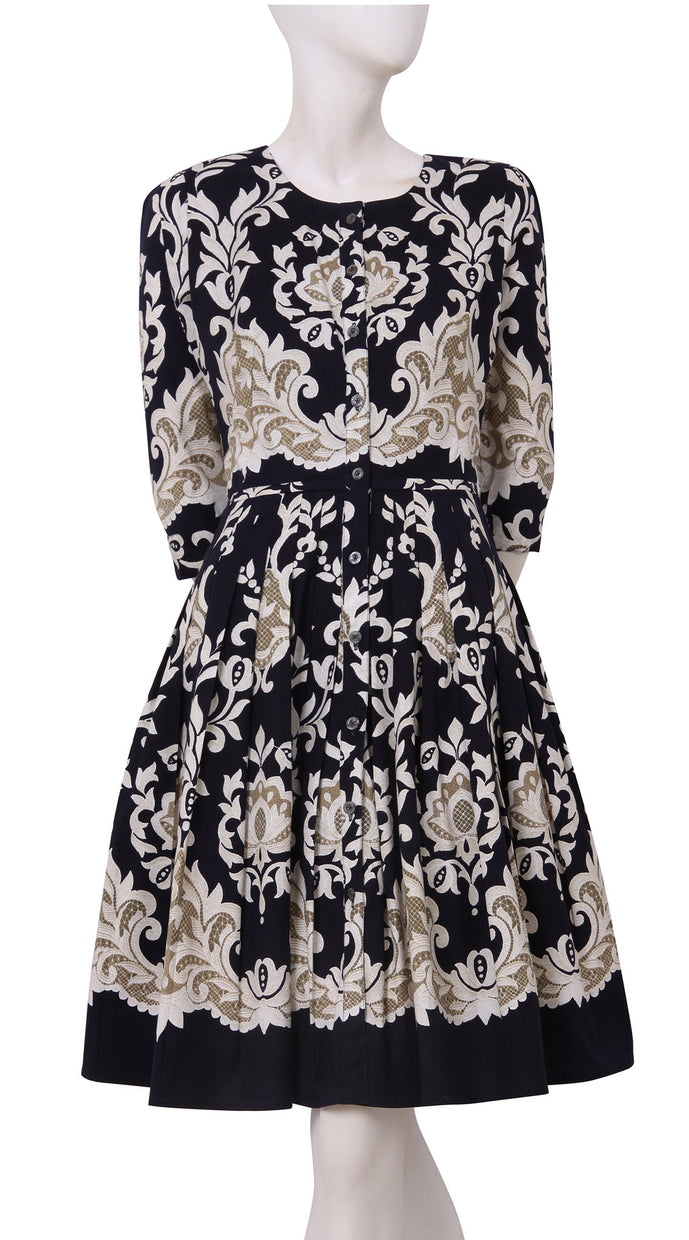 3/4 Sleeve | Engolish Macrame | Indigo Ivory | Front | Dress By Samantha Sung