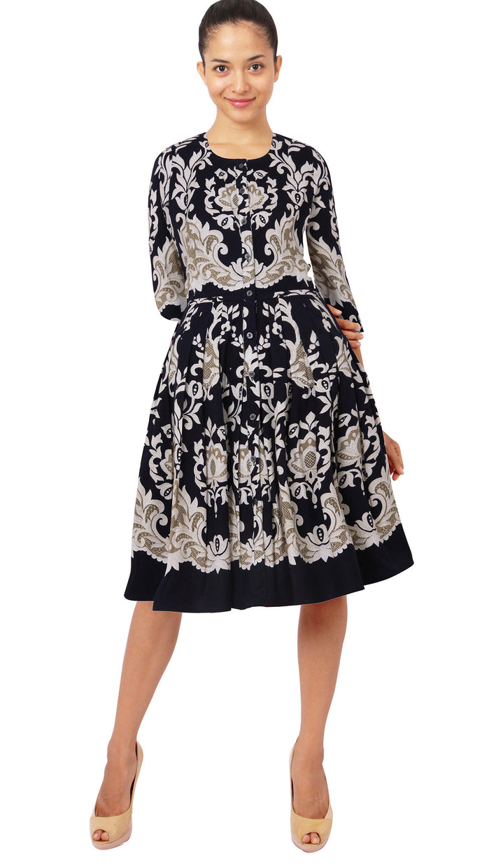3/4 Sleeve | Engolish Macrame | Indigo Ivory | Front | Dress By Samantha Sung