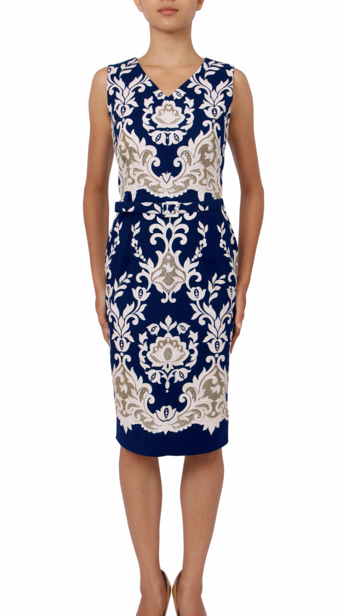 Sleeveless | English Macrame | Indigo Ivory | Front | Dress By Samantha Sung