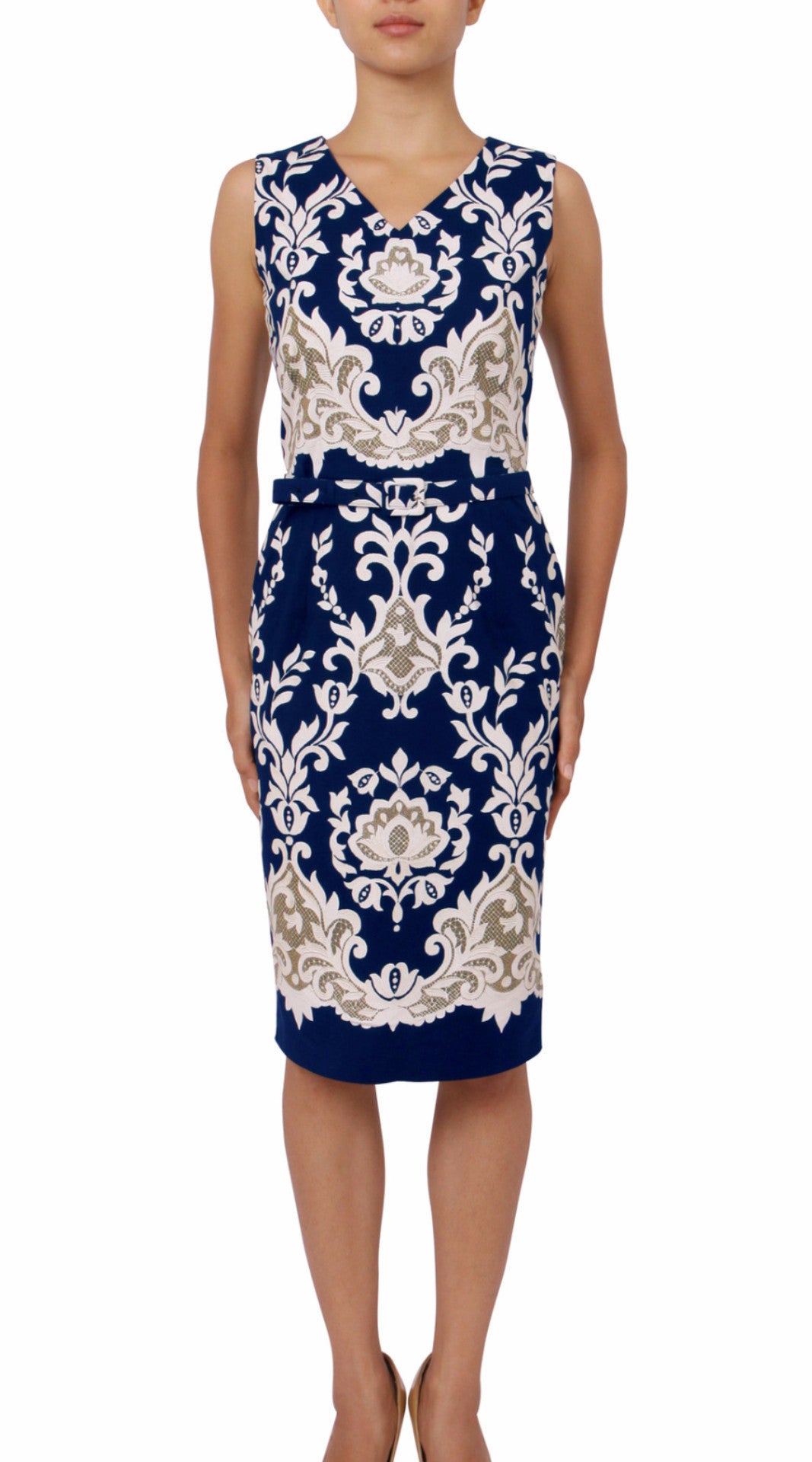 Sleeveless | English Macrame | Indigo Ivory | Front | Dress By Samantha Sung