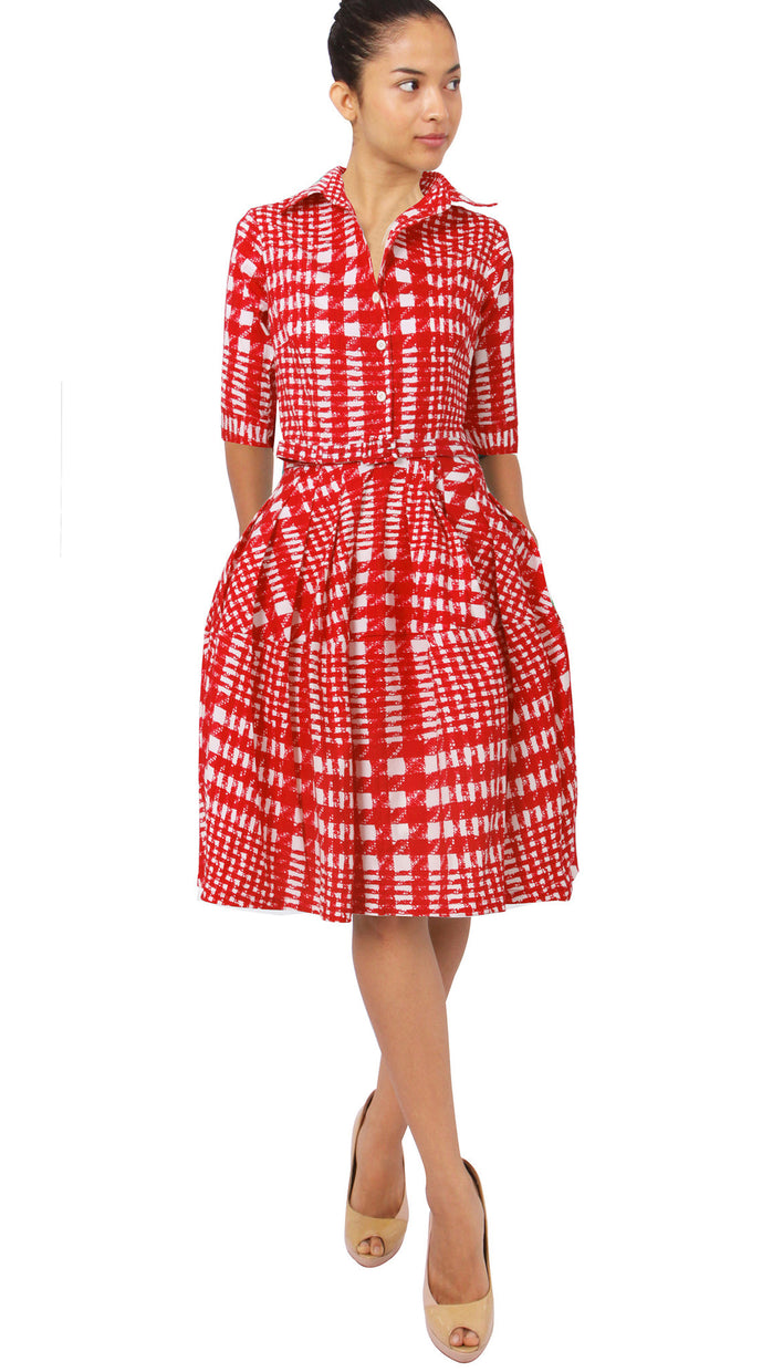 1/2 Sleeve | Henry Glen Plaid | White India Red | Front | Shirt Dress By Samantha Sung