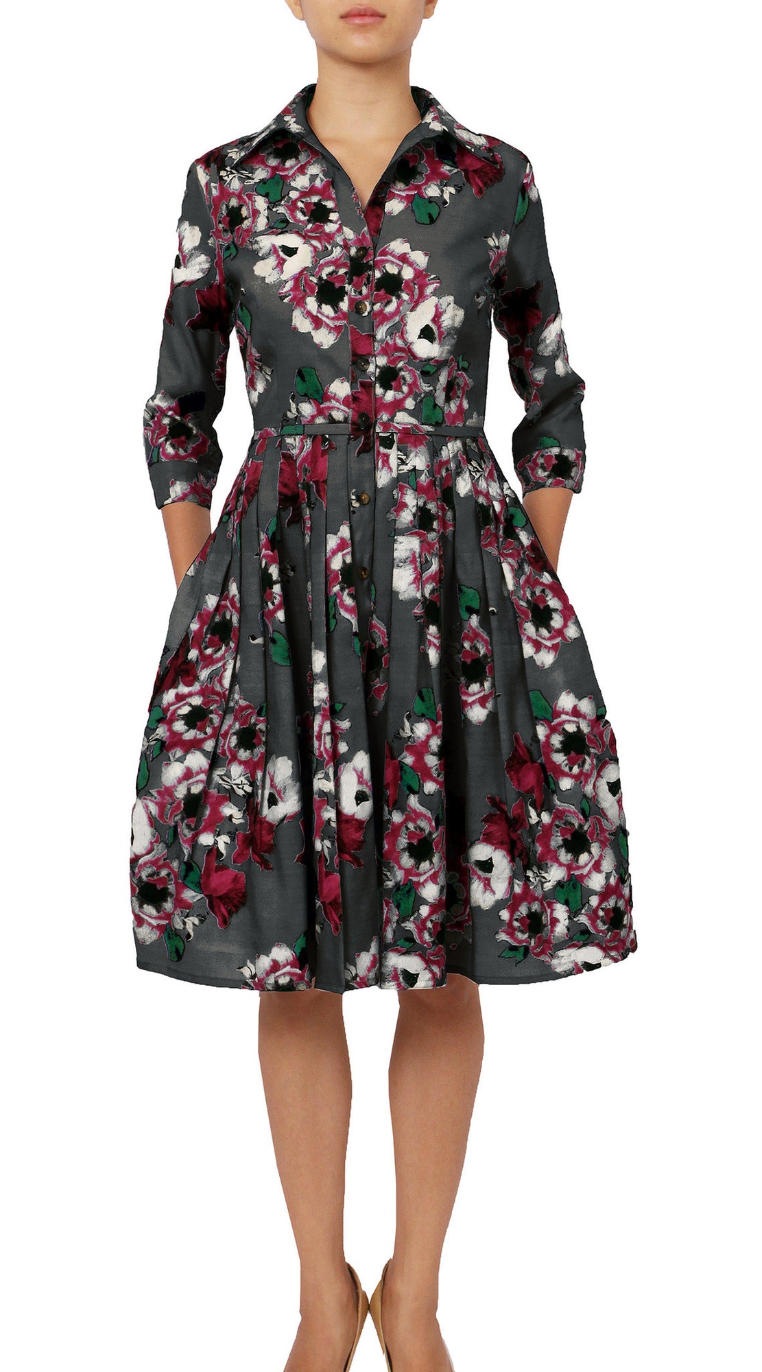 Audrey Dress #2 Shirt Collar 3/4 Sleeve Regular Wool Silk Stretch (Holland Master Dark)